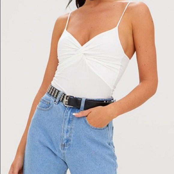 Prettylittlething Cream Silky Knot Front Bodysuit - Picture 1 of 3